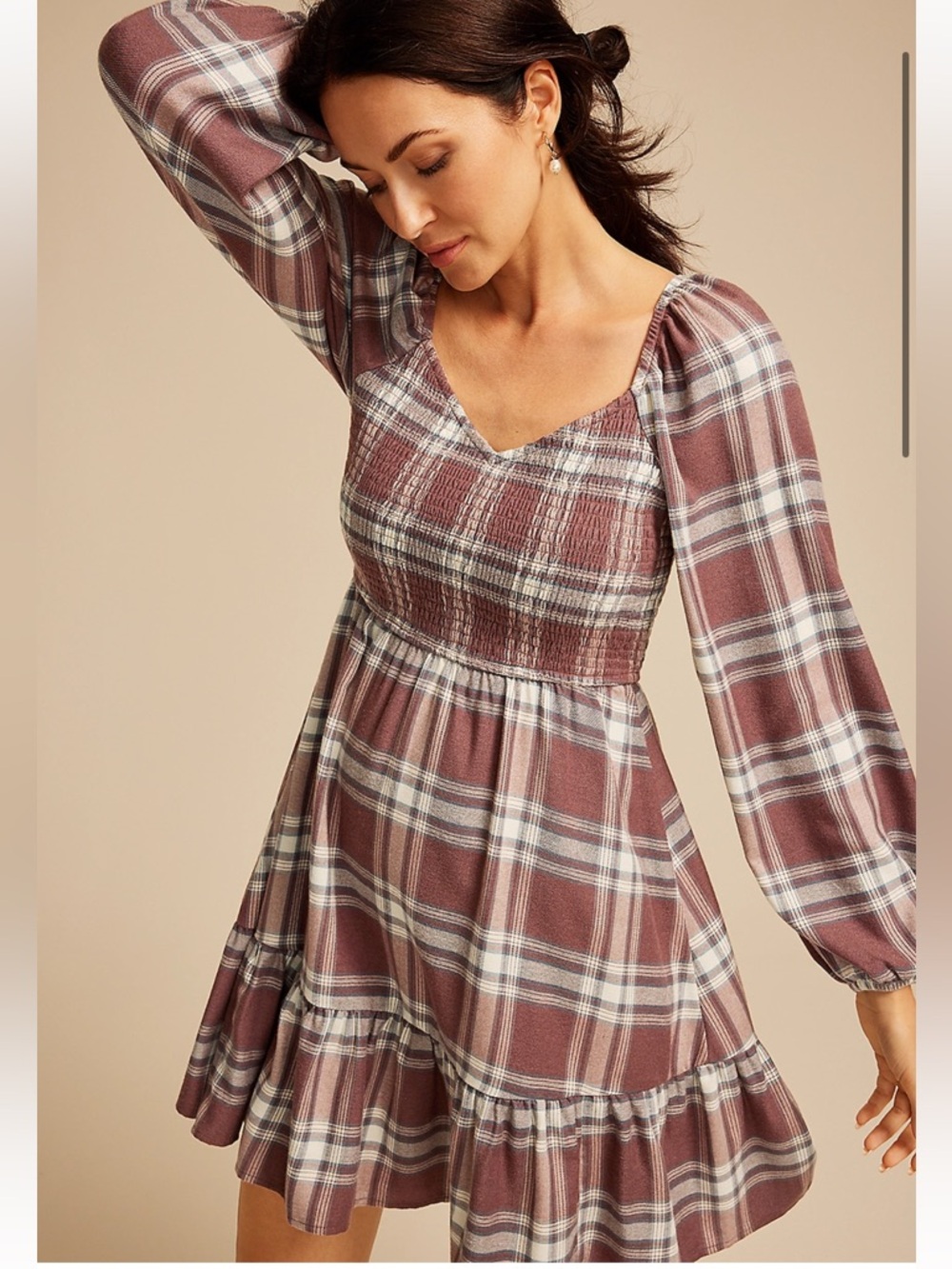 Maurice’s Smocked Plaid Long-Sleeve Mini Dress in Purple Moss Combo Medium NWT